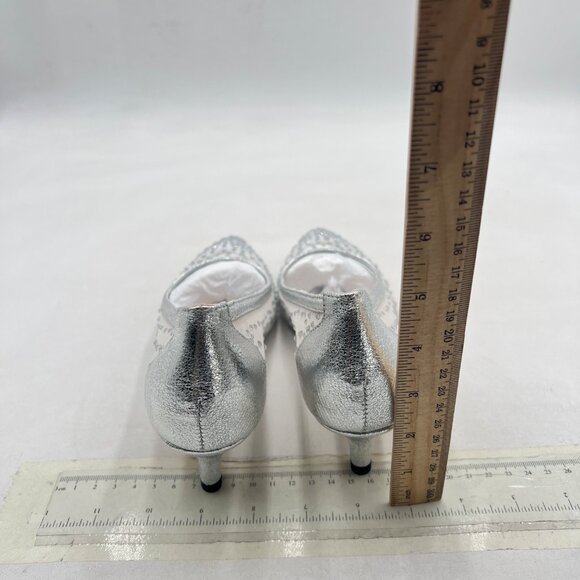 XYD Silver Pointed Closed Toe Slip On Mesh Pumps Rhinestone Kitten Heel Shoes - Picture 5 of 8